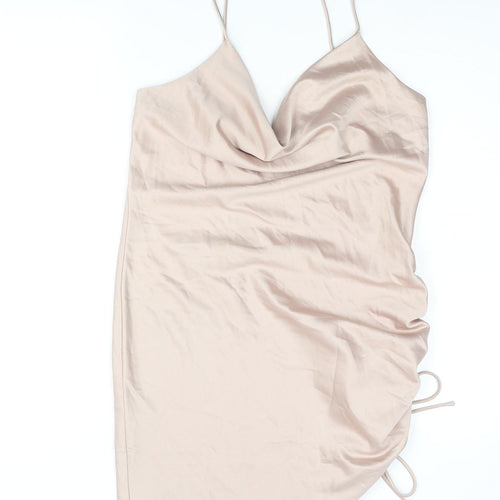 Topshop Womens Pink Polyester Slip Dress Size 12 Cowl Neck Pullover - Drawstring Side
