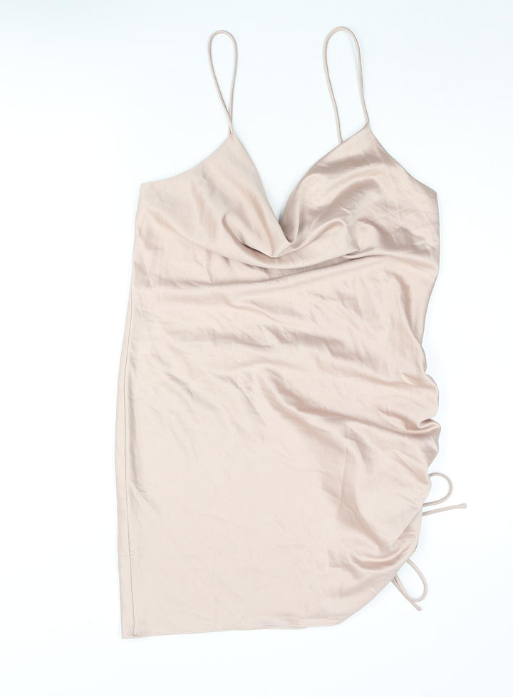 Topshop Womens Pink Polyester Slip Dress Size 12 Cowl Neck Pullover - Drawstring Side
