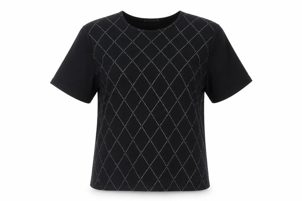 Front view of Bonmarché women’s black viscose basic blouse, size L, round neck - diamond rhinestone