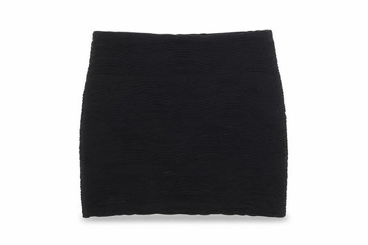 Front view of River Island women’s black polyester bandage skirt, size UK 10, - wave texture