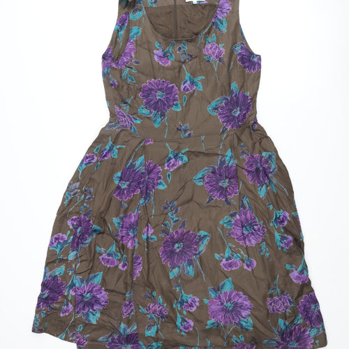 Vacknox Womens Brown Floral Cupro Fit & Flare Size 10 Scoop Neck Zip