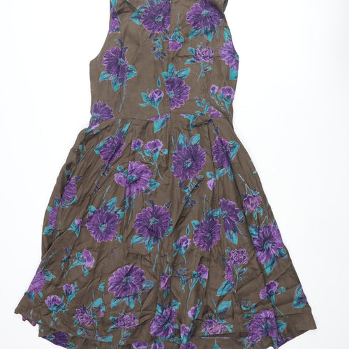 Vacknox Womens Brown Floral Cupro Fit & Flare Size 10 Scoop Neck Zip