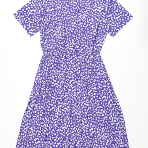 Leslie Fay Womens Purple Geometric Polyester A-Line Size 12 Round Neck Button - Pleated
