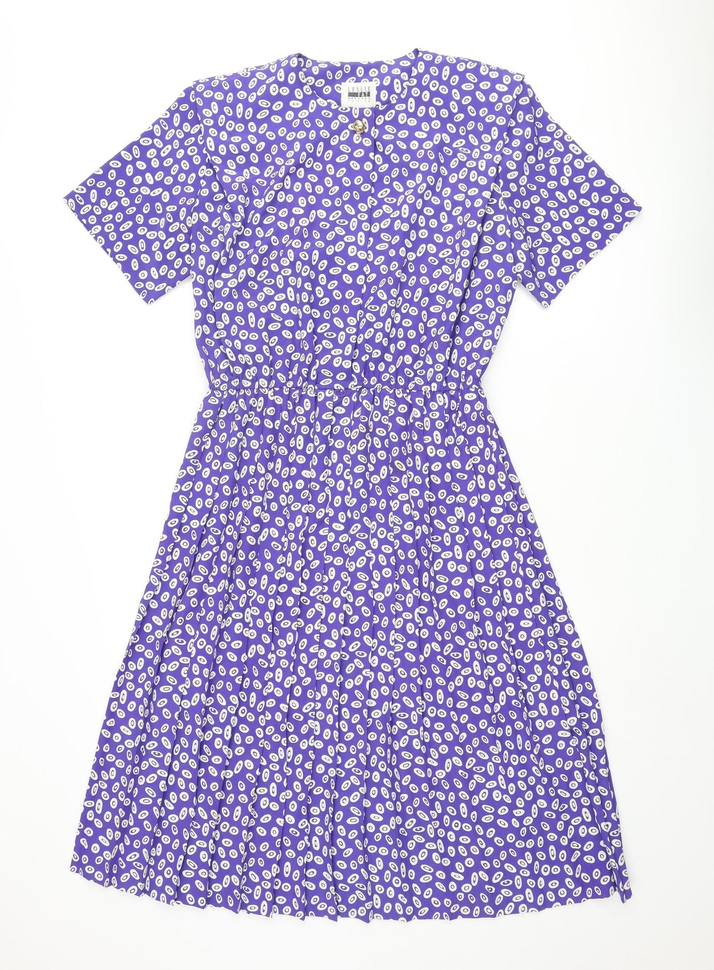 Leslie Fay Womens Purple Geometric Polyester A-Line Size 12 Round Neck Button - Pleated