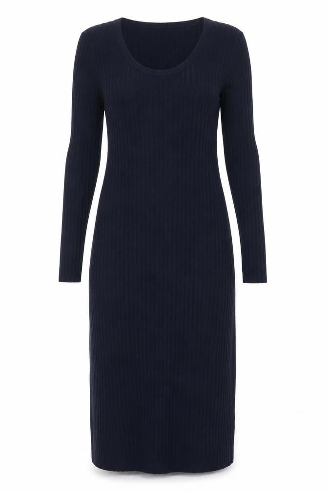 Front view of Marks & Spencer women’s blue polyester pencil dress, size UK 8, round neck pullover