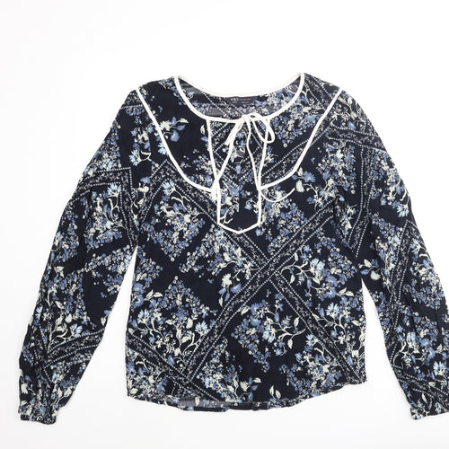 Marks and Spencer Womens Blue Floral Viscose Basic Blouse Size 6 Round Neck - Keyhole Neck