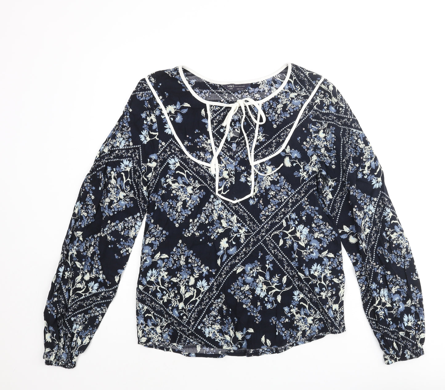 Marks and Spencer Womens Blue Floral Viscose Basic Blouse Size 6 Round Neck - Keyhole Neck