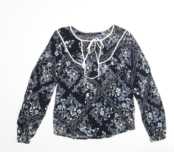Marks and Spencer Womens Blue Floral Viscose Basic Blouse Size 6 Round Neck - Keyhole Neck