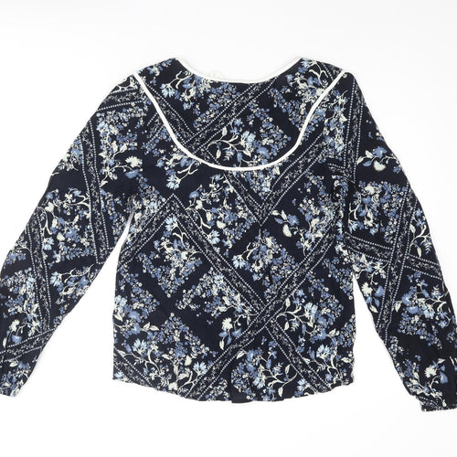 Marks and Spencer Womens Blue Floral Viscose Basic Blouse Size 6 Round Neck - Keyhole Neck