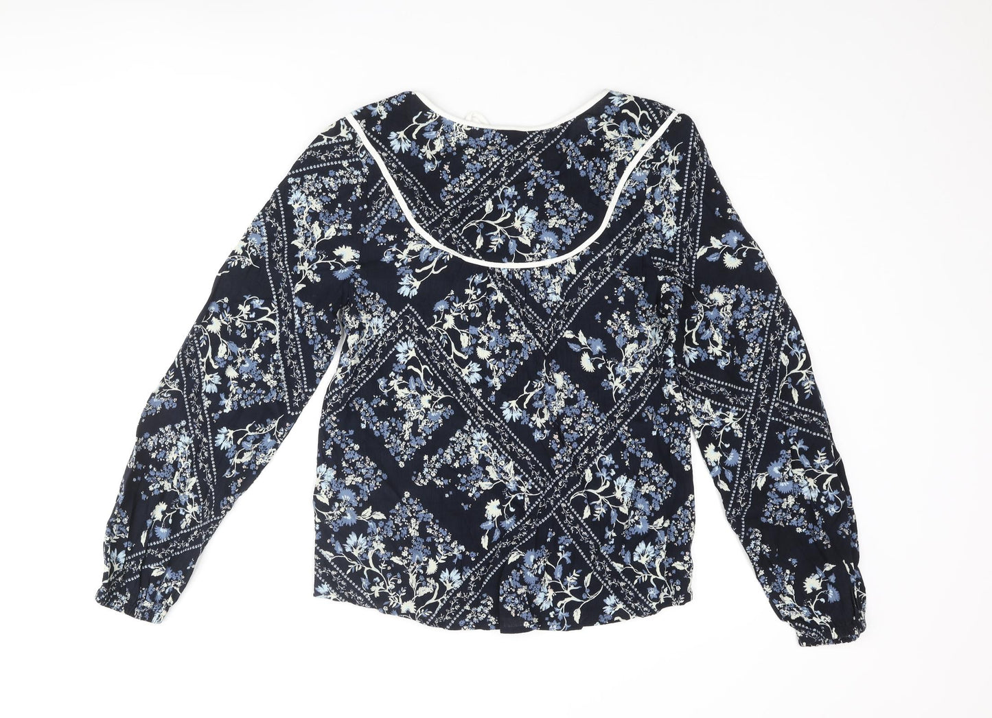 Marks and Spencer Womens Blue Floral Viscose Basic Blouse Size 6 Round Neck - Keyhole Neck