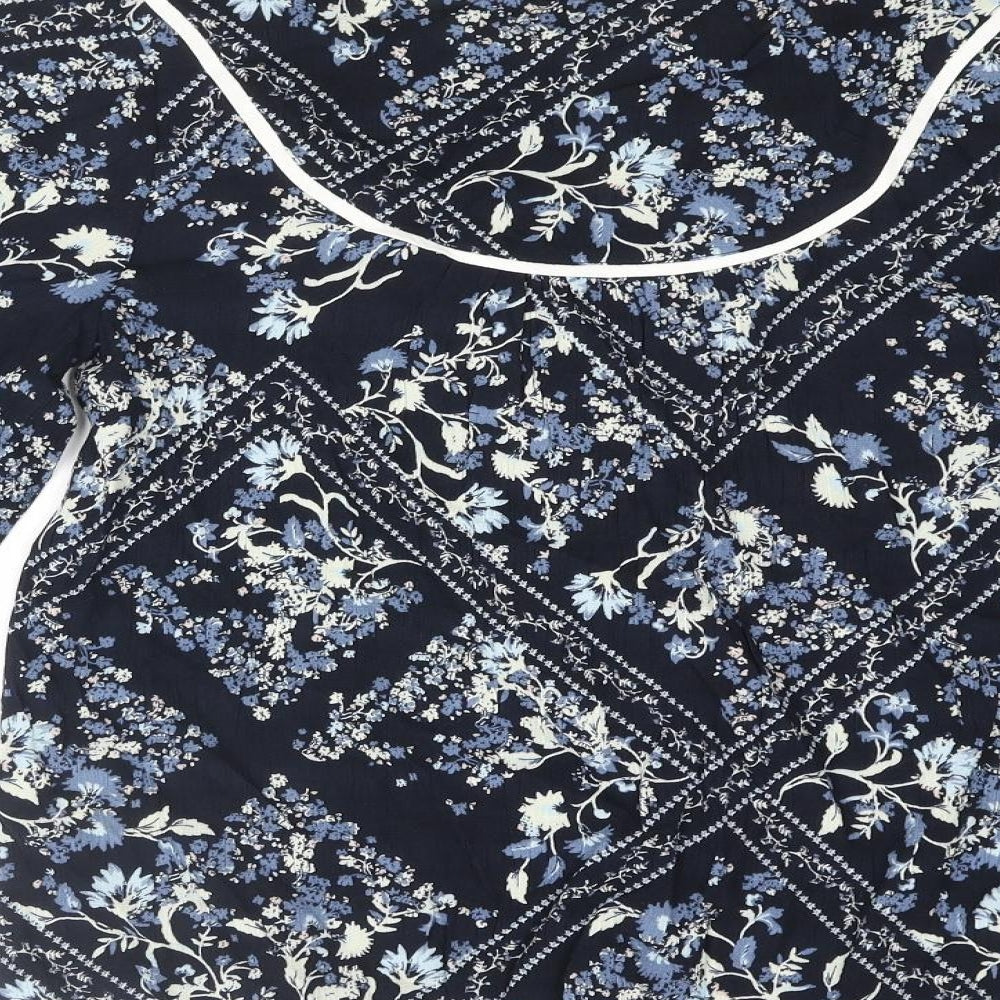 Marks and Spencer Womens Blue Floral Viscose Basic Blouse Size 6 Round Neck - Keyhole Neck