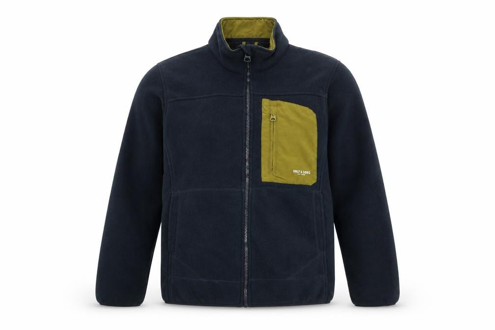 Front view of Only & Sons men’s black jacket, size M, zip - contrast pocket logo