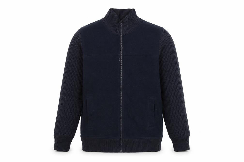 Front view of EWM men’s blue mock neck polyester full zip jumper, size S, long sleeve