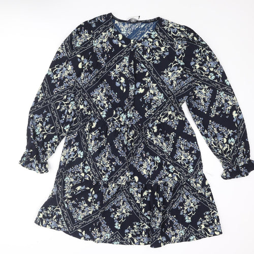 Marks and Spencer Womens Blue Geometric Polyester Shift Size 10 Round Neck Button - Smocked