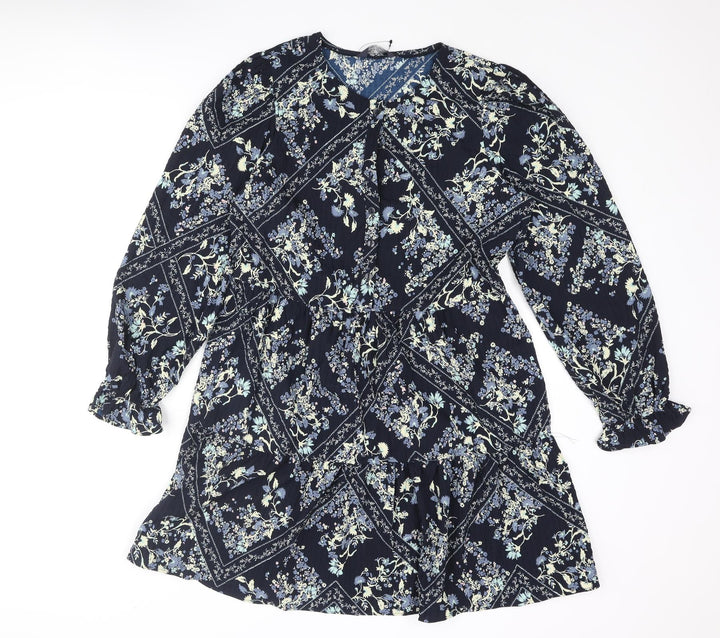 Marks and Spencer Womens Blue Geometric Polyester Shift Size 10 Round Neck Button - Smocked