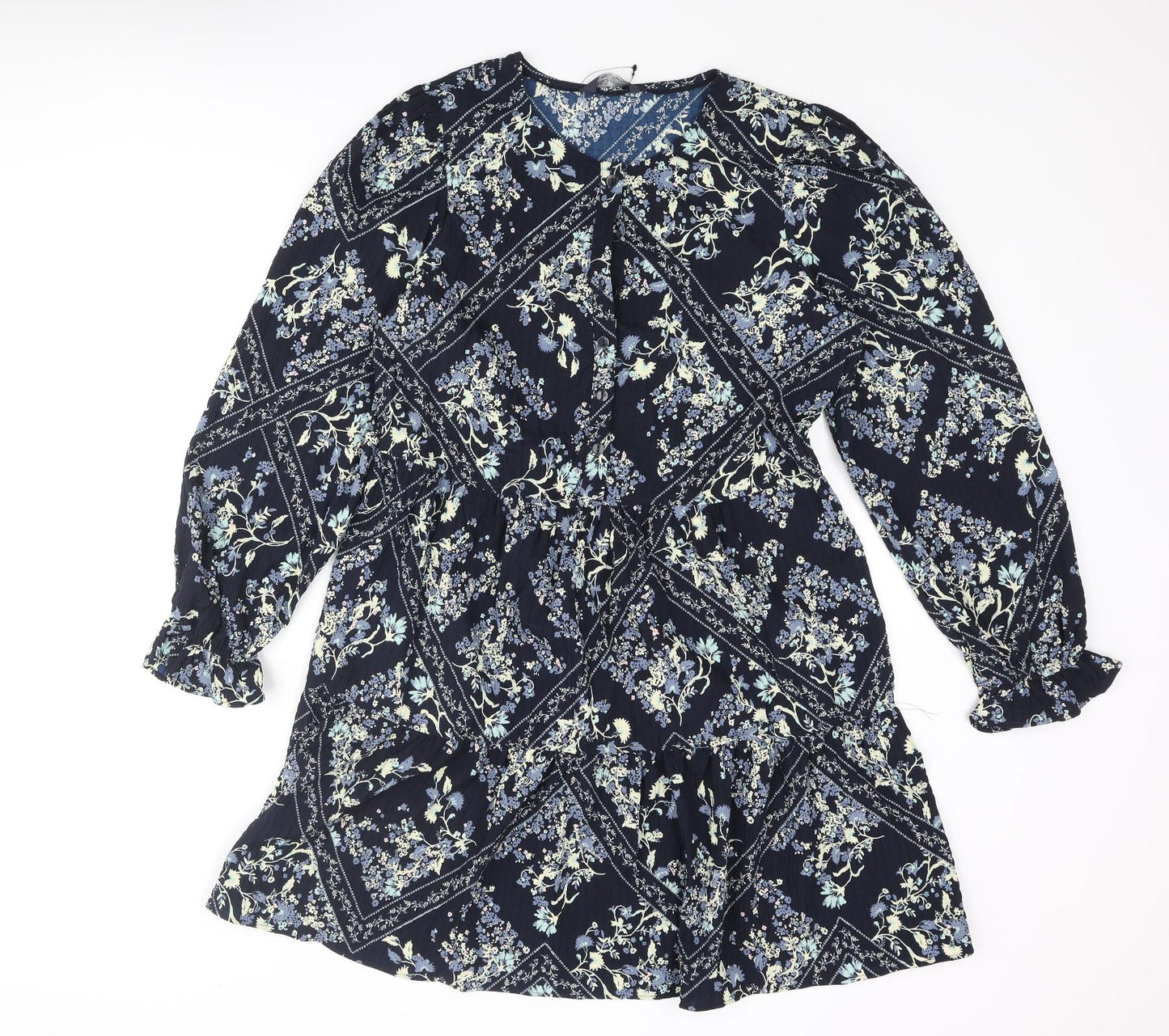Marks and Spencer Womens Blue Geometric Polyester Shift Size 10 Round Neck Button - Smocked