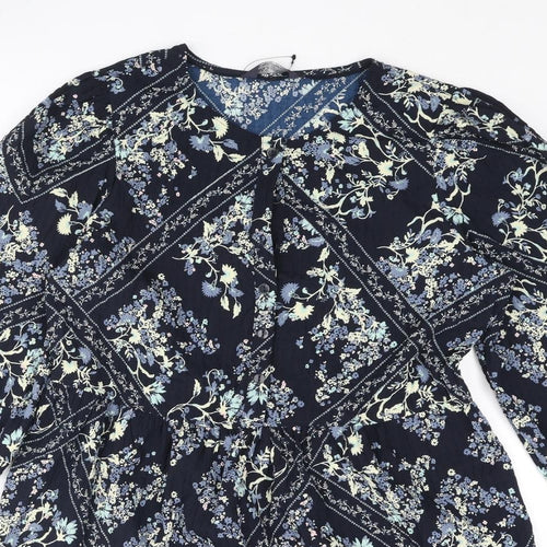 Marks and Spencer Womens Blue Geometric Polyester Shift Size 10 Round Neck Button - Smocked