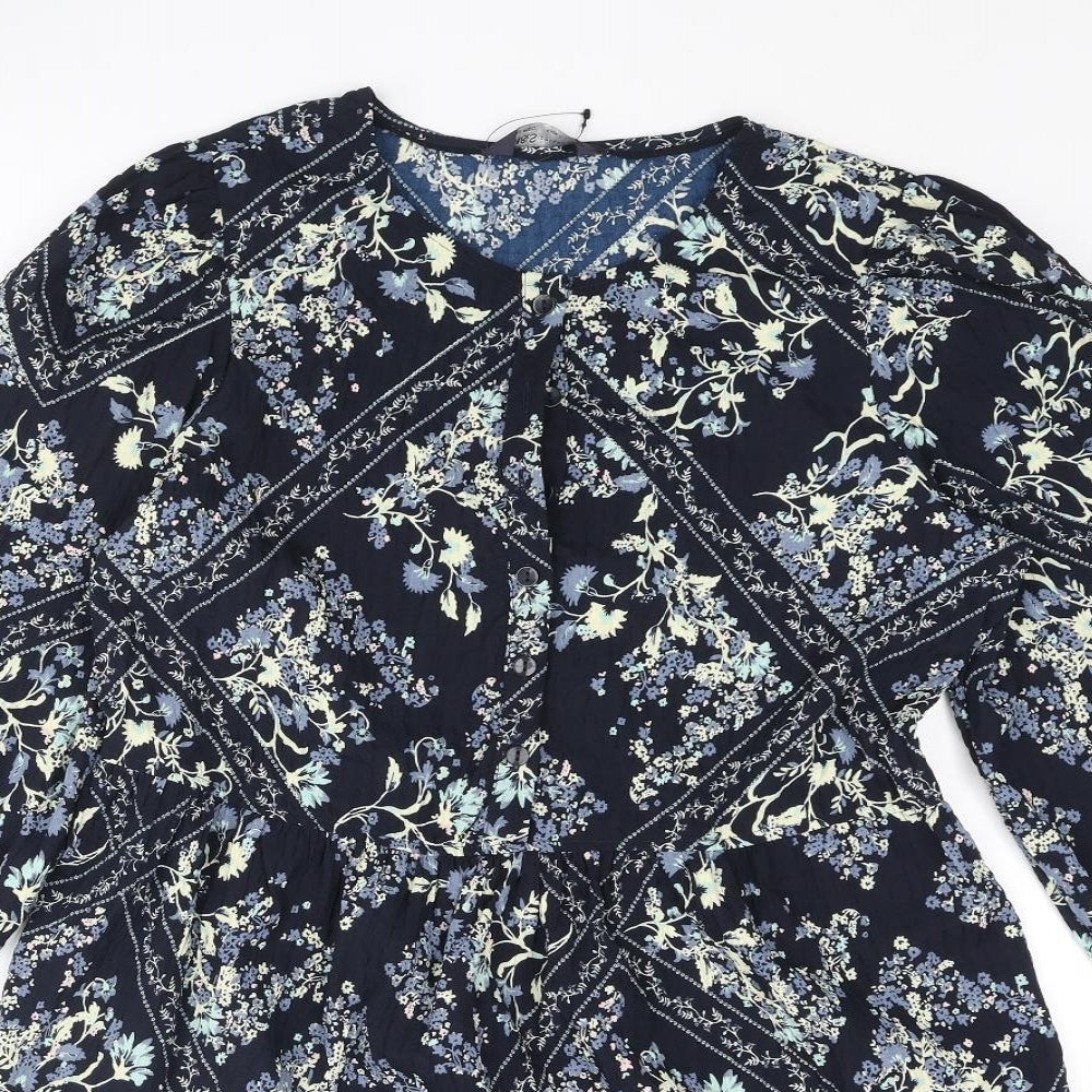 Marks and Spencer Womens Blue Geometric Polyester Shift Size 10 Round Neck Button - Smocked