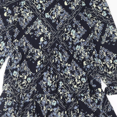 Marks and Spencer Womens Blue Geometric Polyester Shift Size 10 Round Neck Button - Smocked