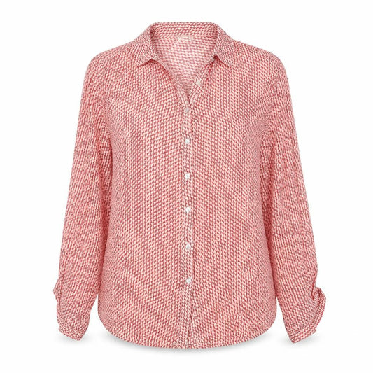 Front view of Linea women’s red geometric viscose basic button-up, size UK 12, collared - zig zag pattern