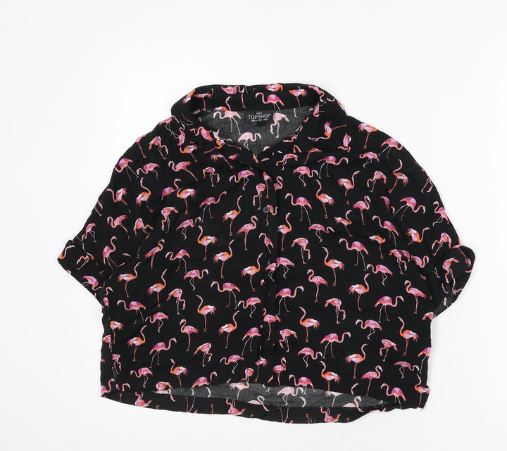 Topshop Womens Black Geometric Viscose Cropped Button-Up Size 8 Collared