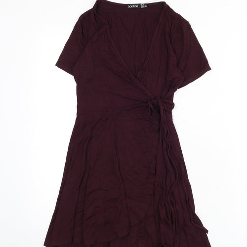Boohoo Womens Red Viscose Wrap Dress Size 8 V-Neck Tie