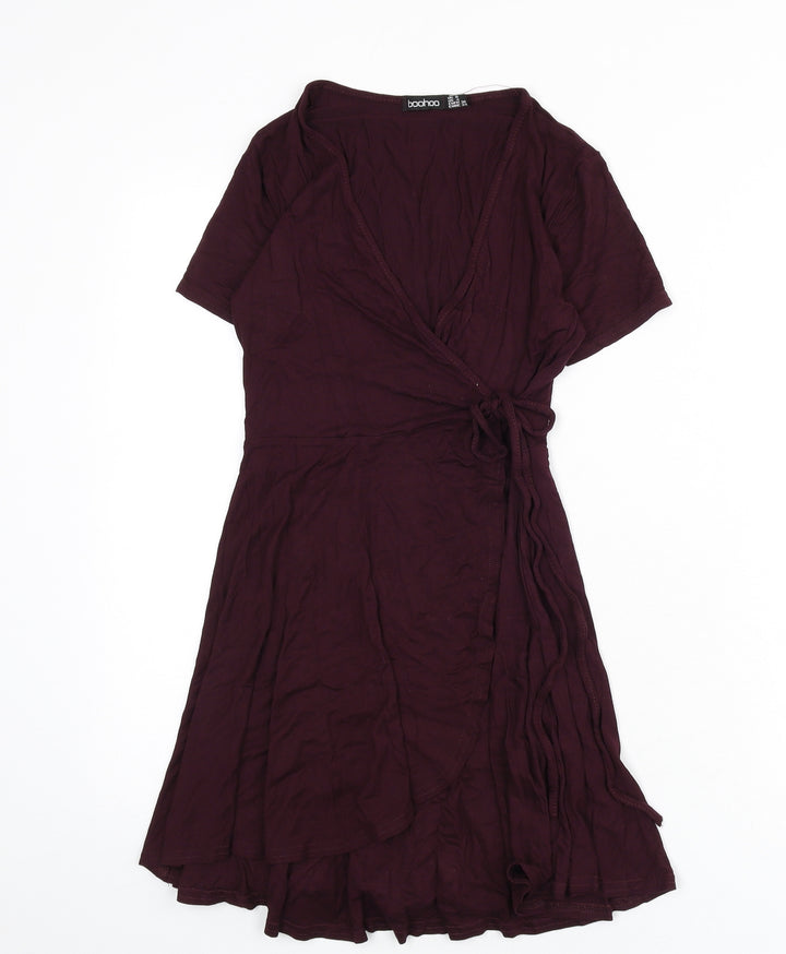 Boohoo Womens Red Viscose Wrap Dress Size 8 V-Neck Tie