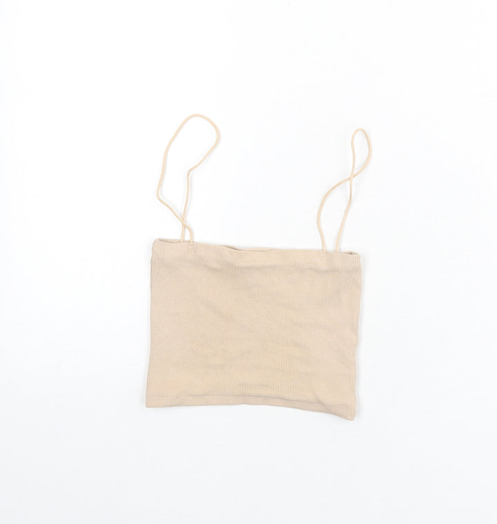 Zara Womens Beige Cotton Camisole Tank Size S Square Neck - Cropped, Ribbed