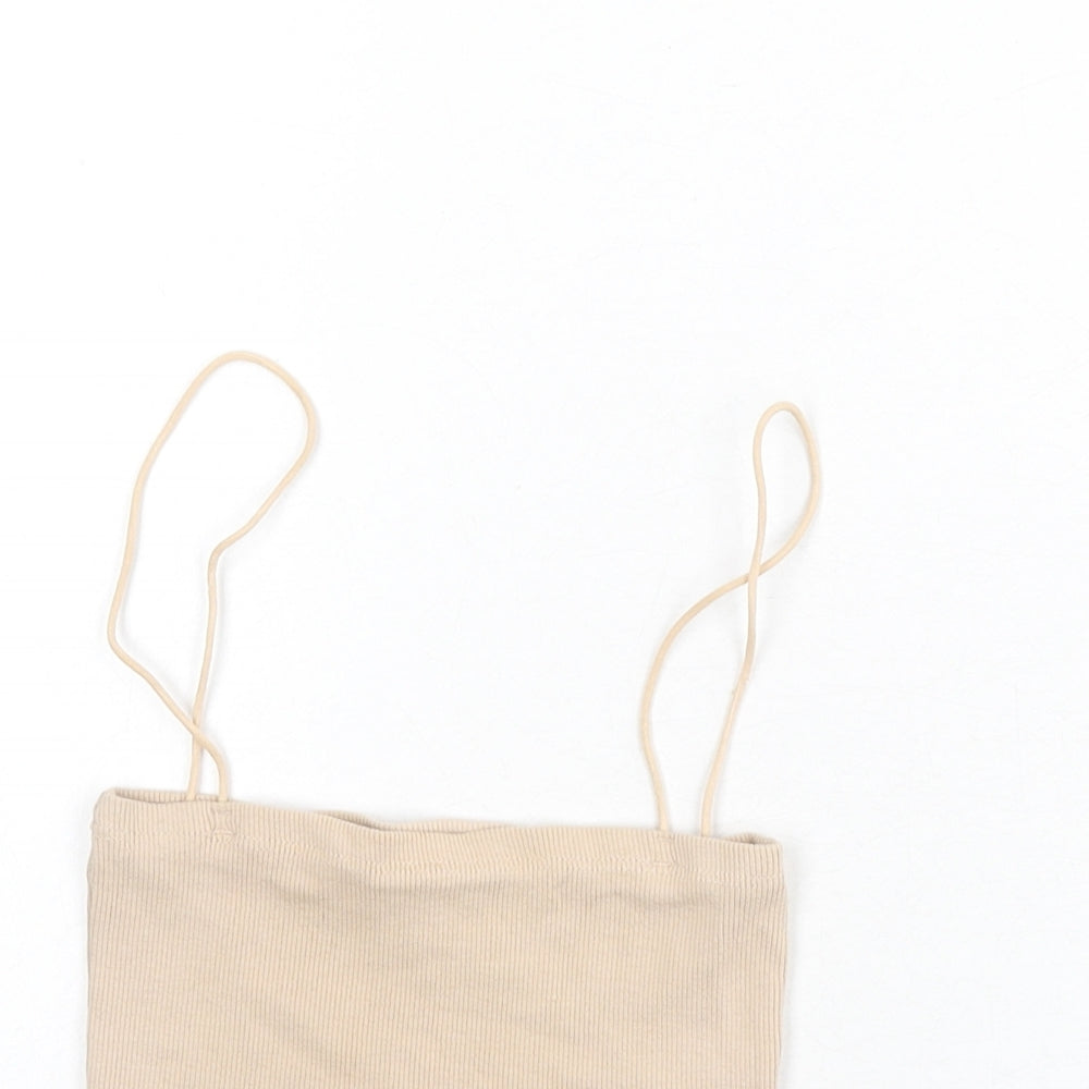 Zara Womens Beige Cotton Camisole Tank Size S Square Neck - Cropped, Ribbed