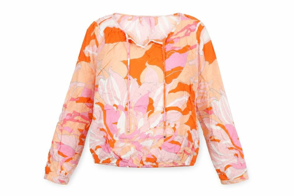 Front view of Milano women’s multicoloured geometric viscose basic blouse, size UK 6, v-neck