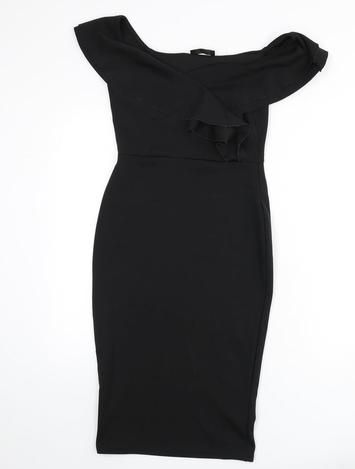 Missguided Womens Black Polyester Bodycon Size 10 Off the Shoulder Pullover - Ruffle Detail