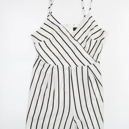 New Look Womens White Striped Polyester Romper One-Piece Size 8 L3 in Zip