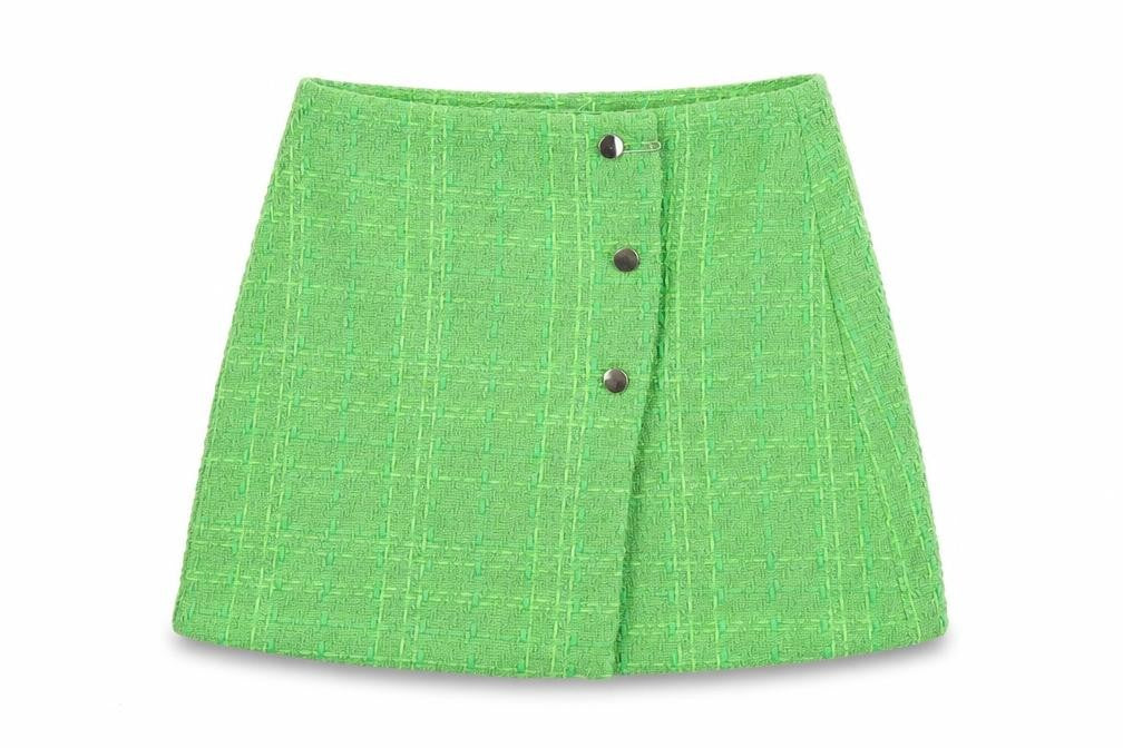Front view of Oasis women’s green geometric polyester a-line skirt, size UK 10, button