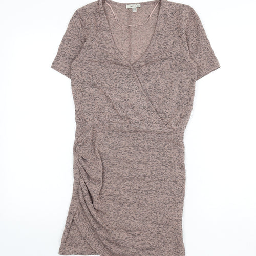 Zara Womens Pink Polyester Mini Size S V-Neck Pullover - Ruched Side