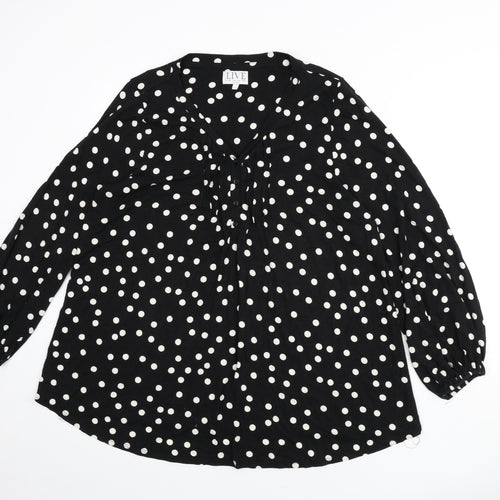 Live Unlimited London Womens Black Polka Dot Polyester Basic T-Shirt Size 16 V-Neck