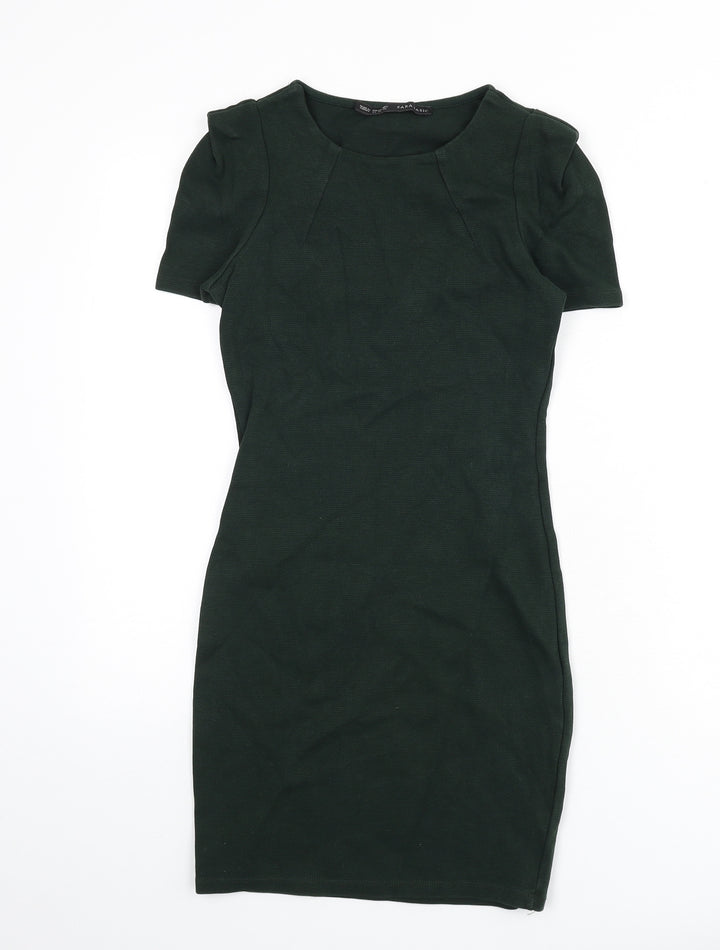 Zara Womens Green Cotton Pencil Dress Size XS Round Neck Zip