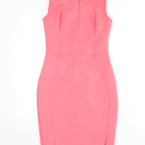 Lipsy Womens Pink Polyester Bodycon Size 8 Round Neck Zip - Chain Detail, Slit