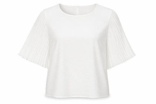 Front view of Boohoo women’s white polka dot polyester basic blouse, size UK 10, round neck