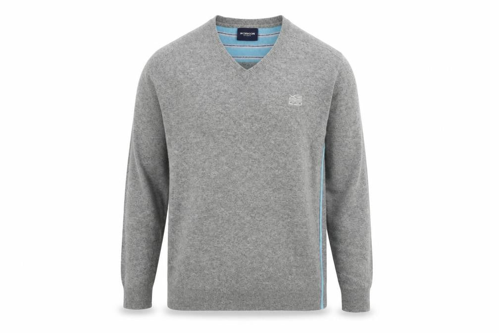 Front view of McGregor men’s grey v-neck wool jumper, size XL, long sleeve