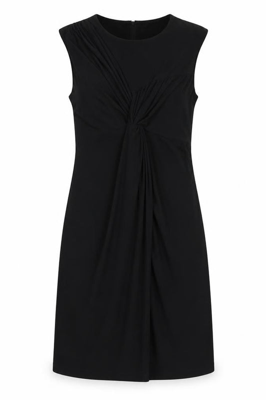 Front view of Nina Leonard women’s black polyester a-line, size M, scoop neck zip - knot front
