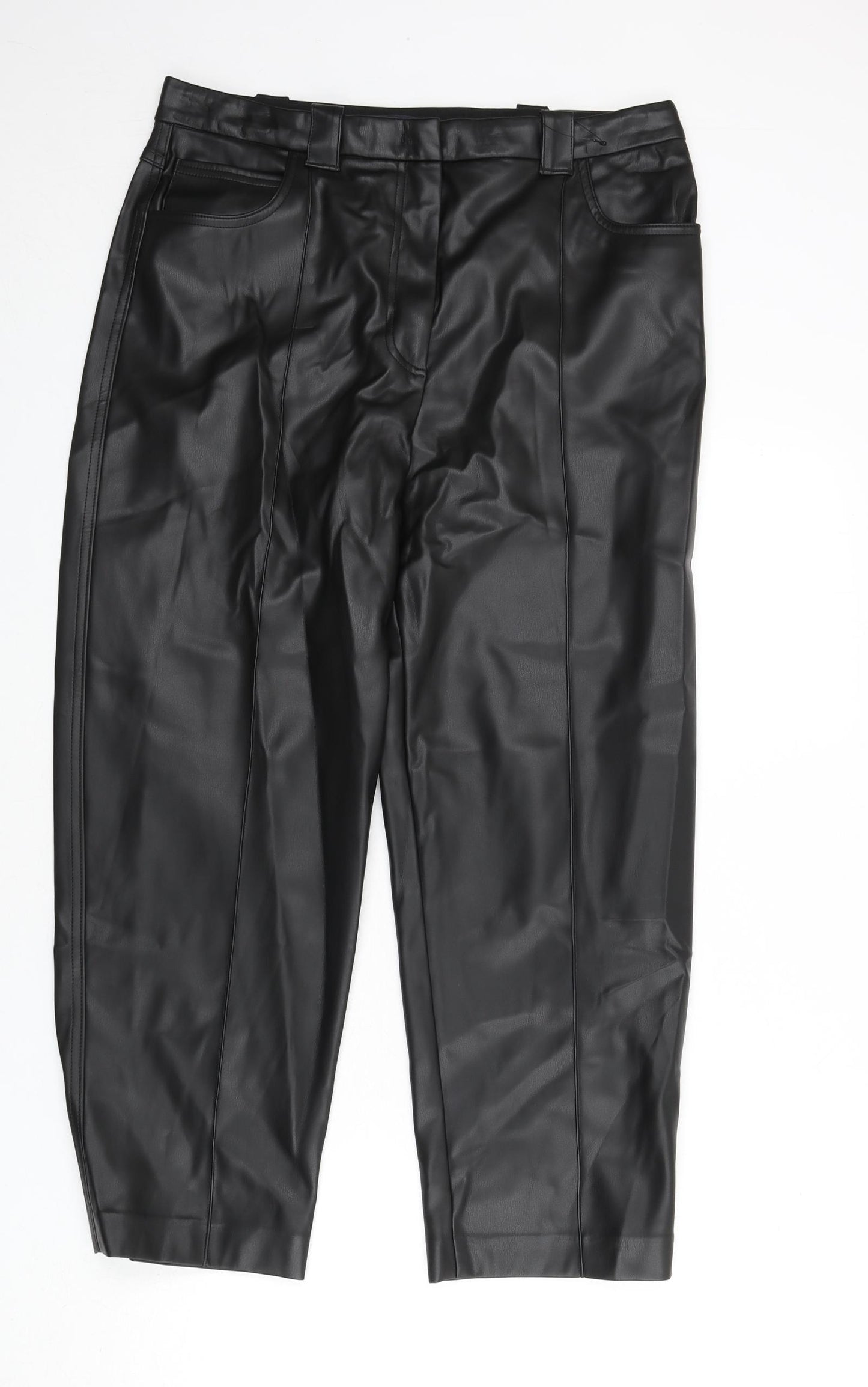 Marks and Spencer Womens Black Polyester Trousers Size 16 L25 in Regular Zip - Faux Leather