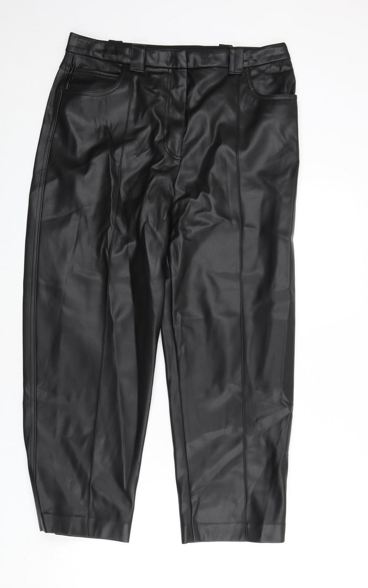 Marks and Spencer Womens Black Polyester Trousers Size 16 L25 in Regular Zip - Faux Leather