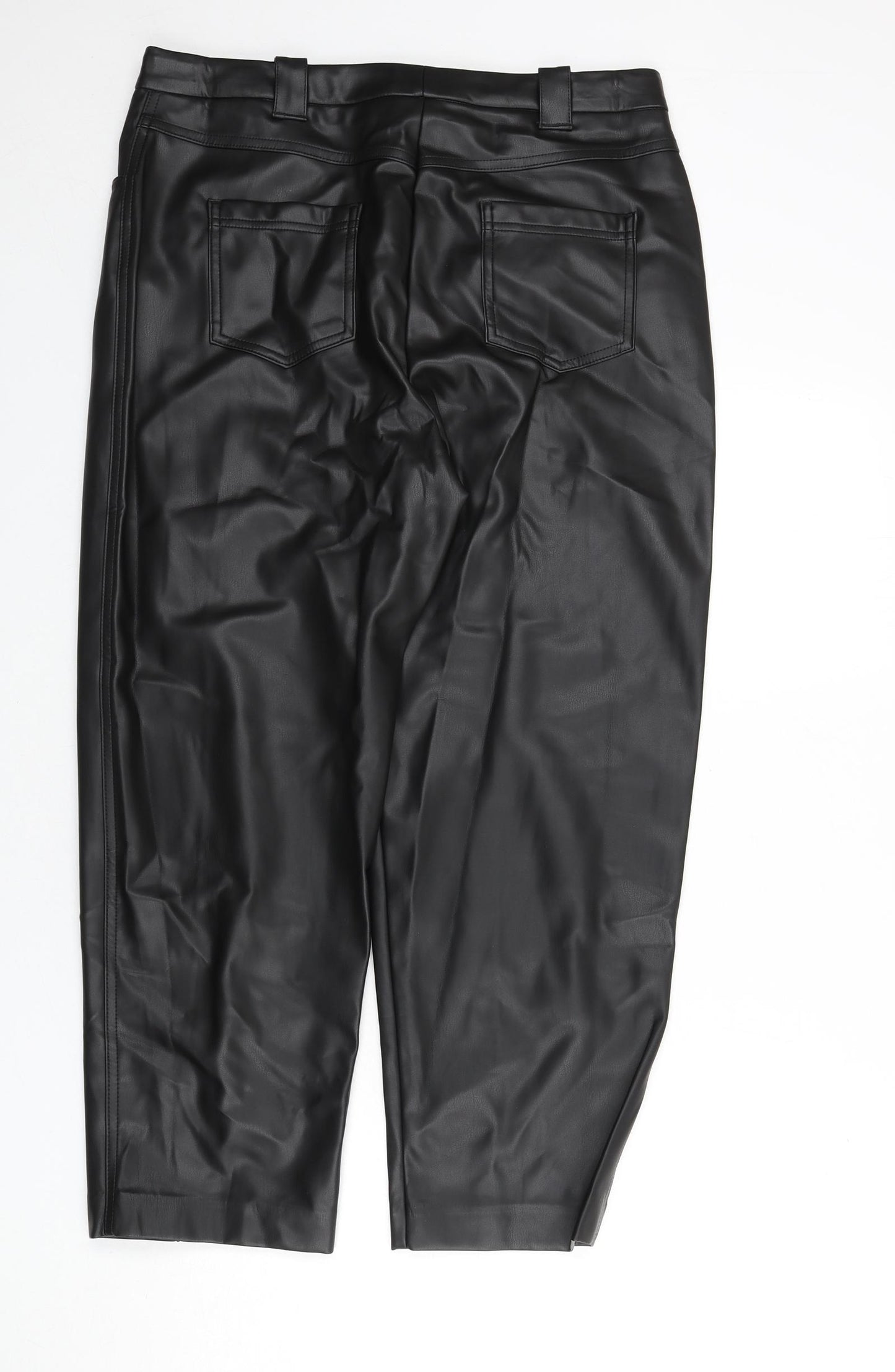 Marks and Spencer Womens Black Polyester Trousers Size 16 L25 in Regular Zip - Faux Leather