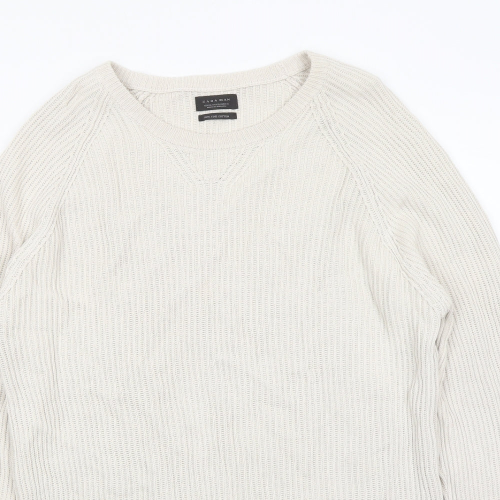 Zara Mens Beige Round Neck Cotton Pullover Jumper Size XL Long Sleeve