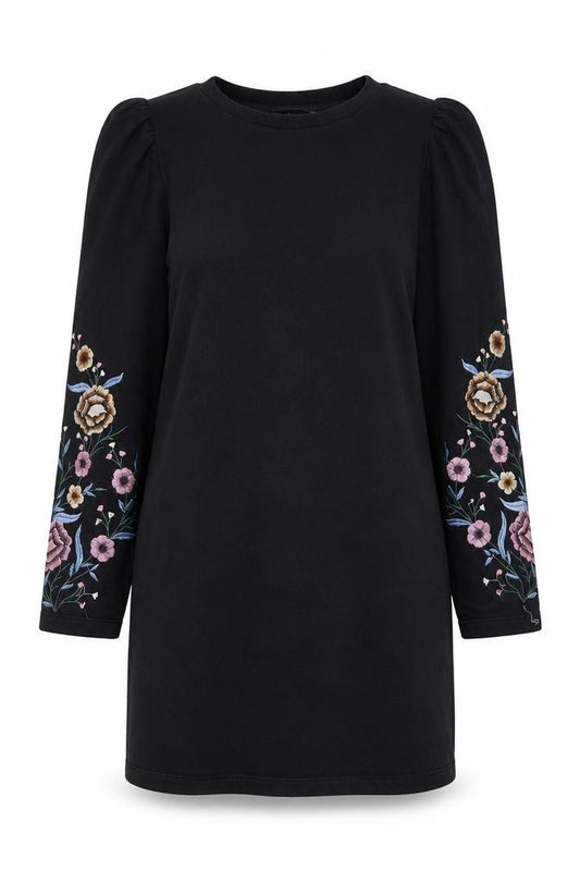 Front view of ASOS women’s black polyester a-line, size UK 8, crew neck pullover