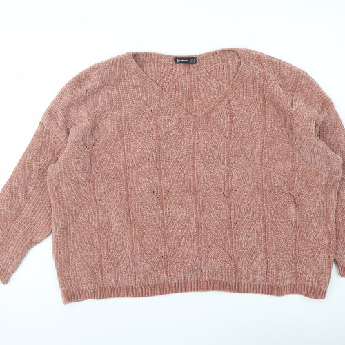 Stradivarius Womens Pink V-Neck Polyester Pullover Jumper Size M