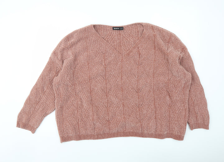 Stradivarius Womens Pink V-Neck Polyester Pullover Jumper Size M