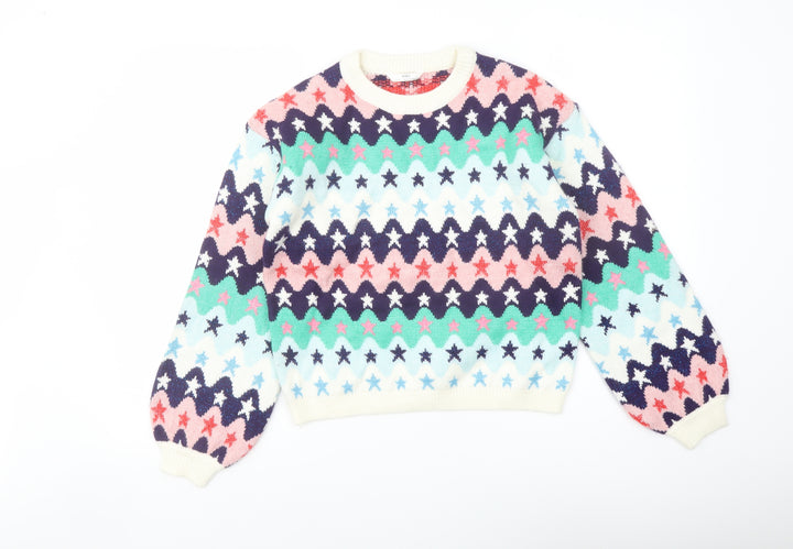 Marks and Spencer Girls Multicoloured Crew Neck Geometric Polyester Pullover Jumper Size 13-14 Years Pullover