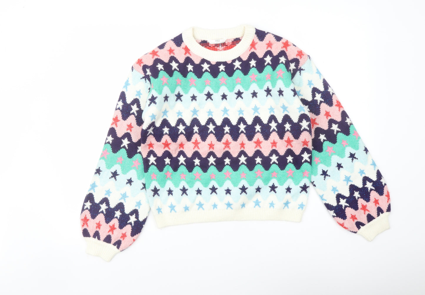 Marks and Spencer Girls Multicoloured Crew Neck Geometric Polyester Pullover Jumper Size 13-14 Years Pullover