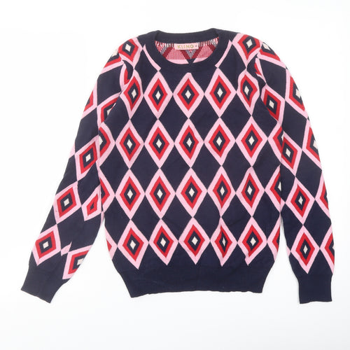 Kling Womens Blue Crew Neck Geometric Cotton Pullover Jumper Size XS